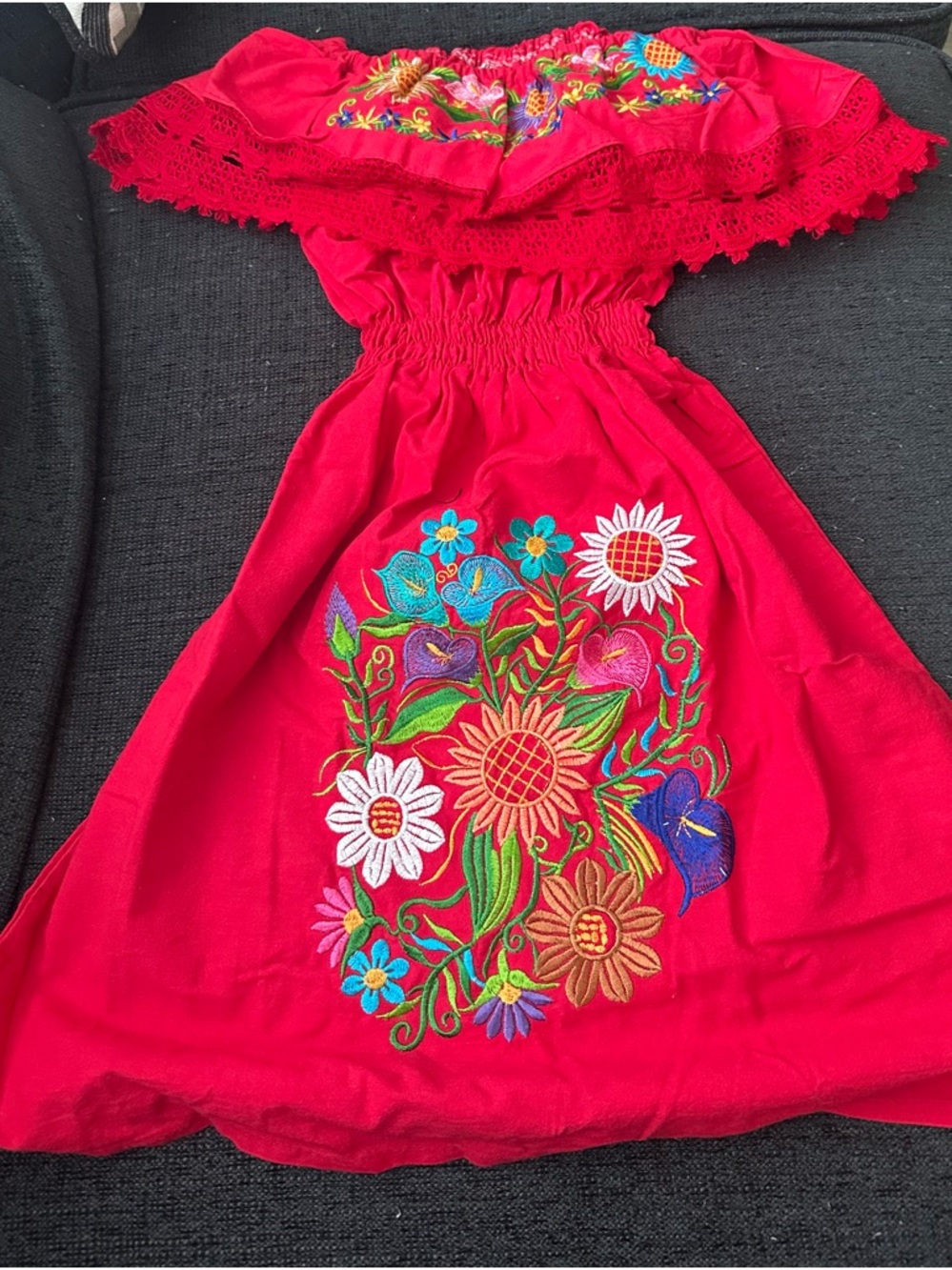 MEXICANA Red Off-Shoulder Embroidered Kids Dress